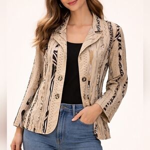 Vtg LIFESTYLE 1980s Striped Animal Print Patchwork Embroidered Blazer Jacket